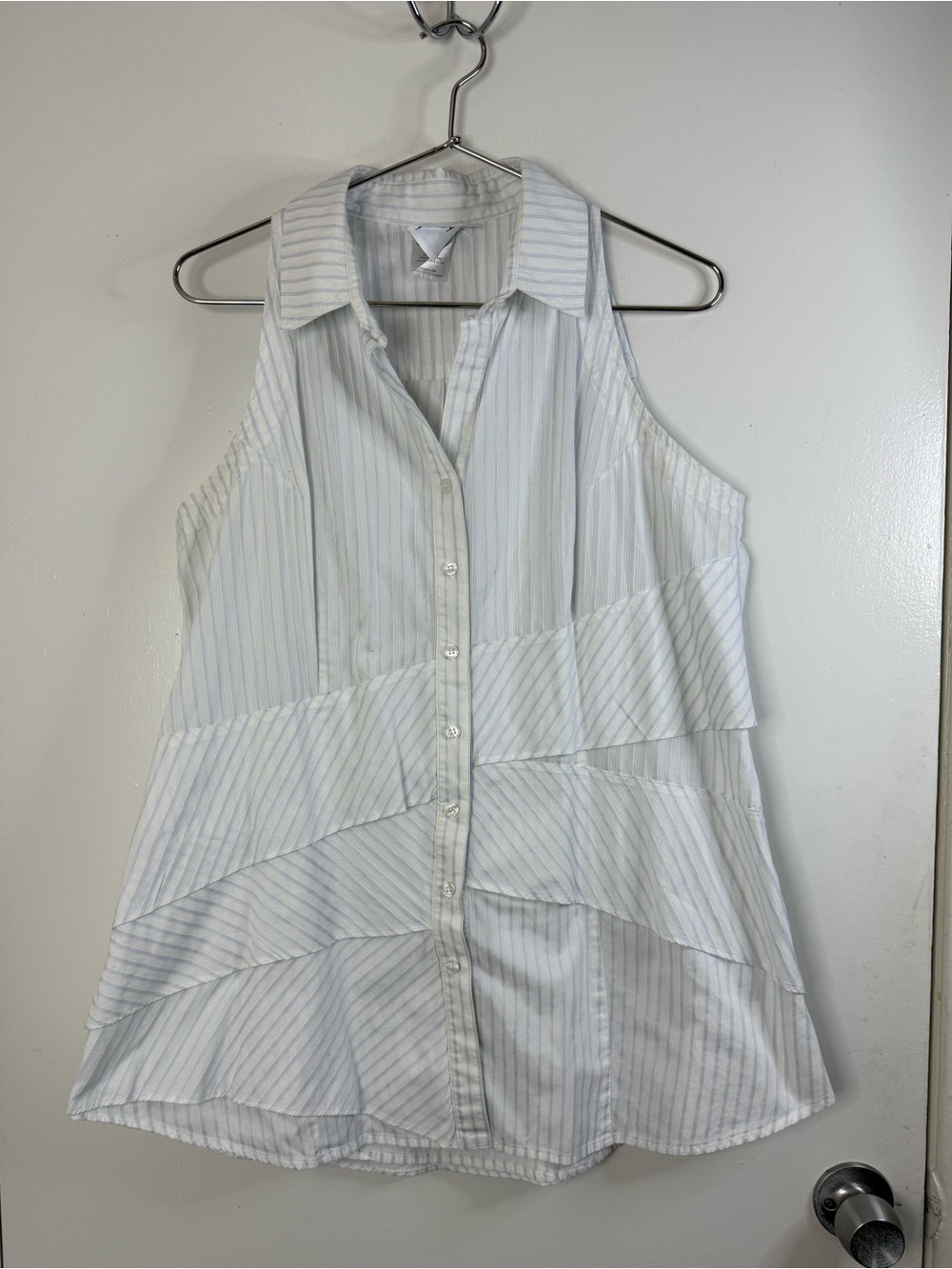 Finley Jenna button down, blue & white striped ruffle front long sleeve shirt XL